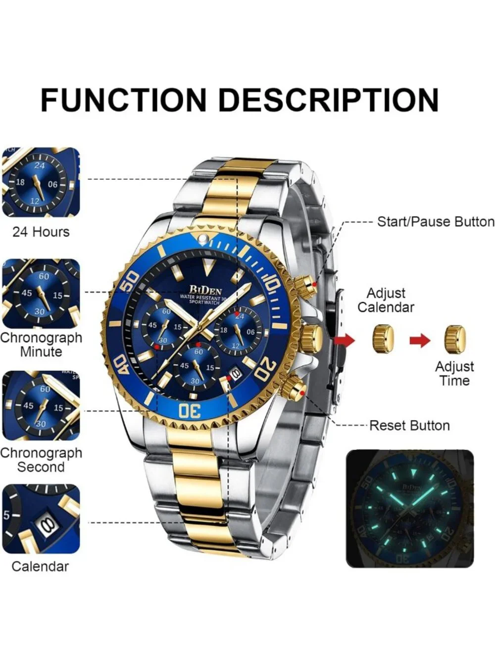 Stylish Men's Chronograph Watch - Gold & Blue Stainless Steel, Waterproof, Date